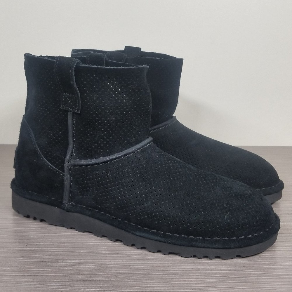 UGG Classic Unlined Mini Perforated Boot, Black Suede, Womens Size 5 & 6